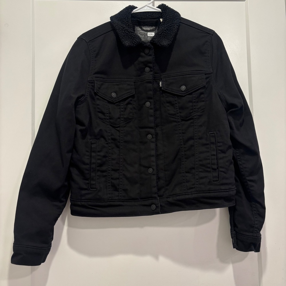 Levis Sherpa Lined Trucker Jacket Black Denim Faux Fur Collar Large 5282